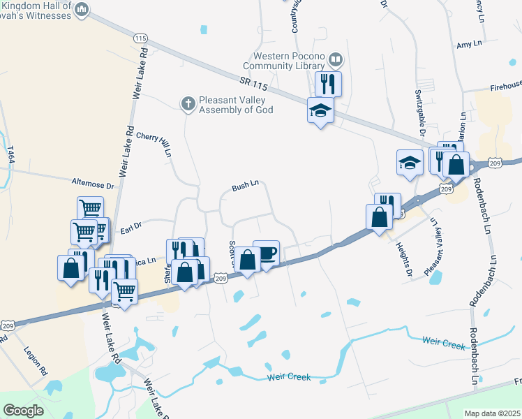 map of restaurants, bars, coffee shops, grocery stores, and more near 1157 Scott Street in Brodheadsville