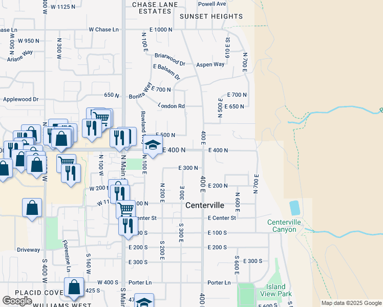 map of restaurants, bars, coffee shops, grocery stores, and more near 360 East 400 North in Centerville