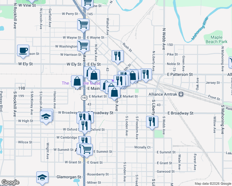 map of restaurants, bars, coffee shops, grocery stores, and more near 221 East Main Street in Alliance