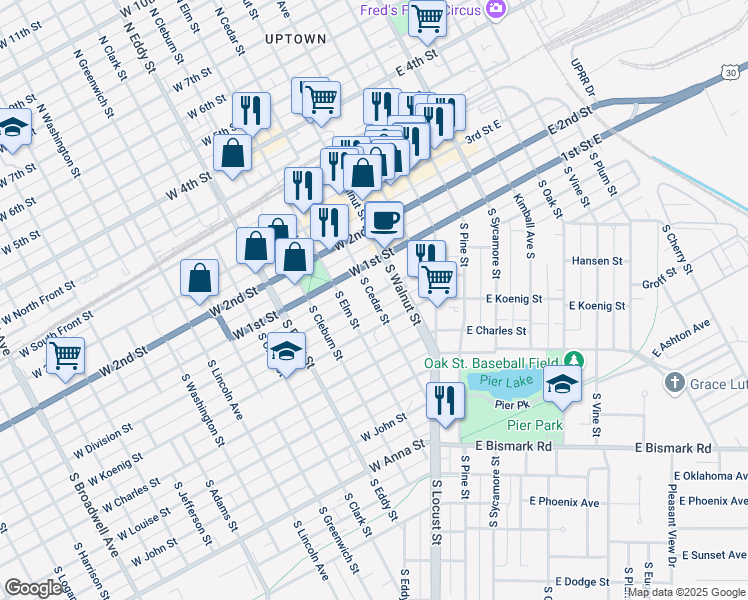 map of restaurants, bars, coffee shops, grocery stores, and more near 204 South Cedar Street in Grand Island