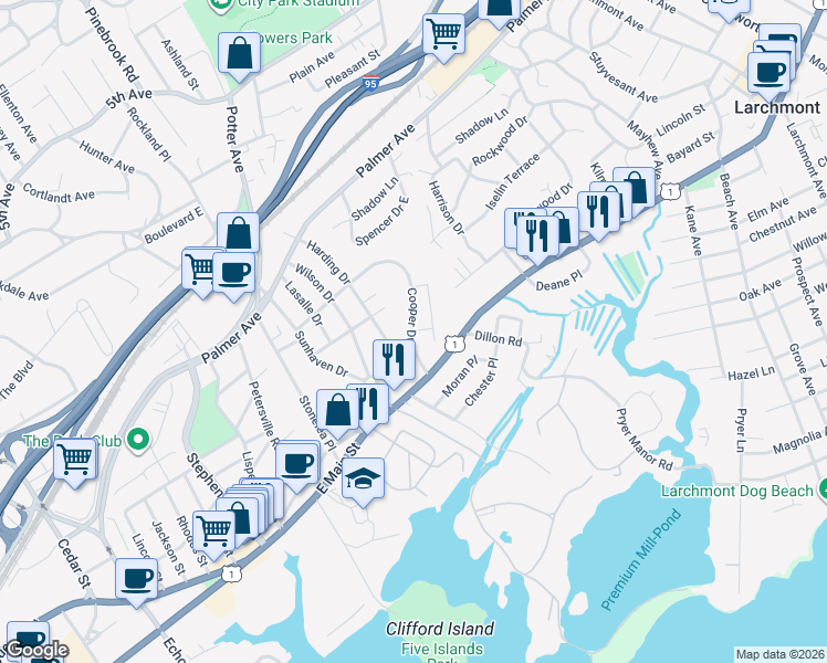 map of restaurants, bars, coffee shops, grocery stores, and more near 59 Cooper Drive in New Rochelle