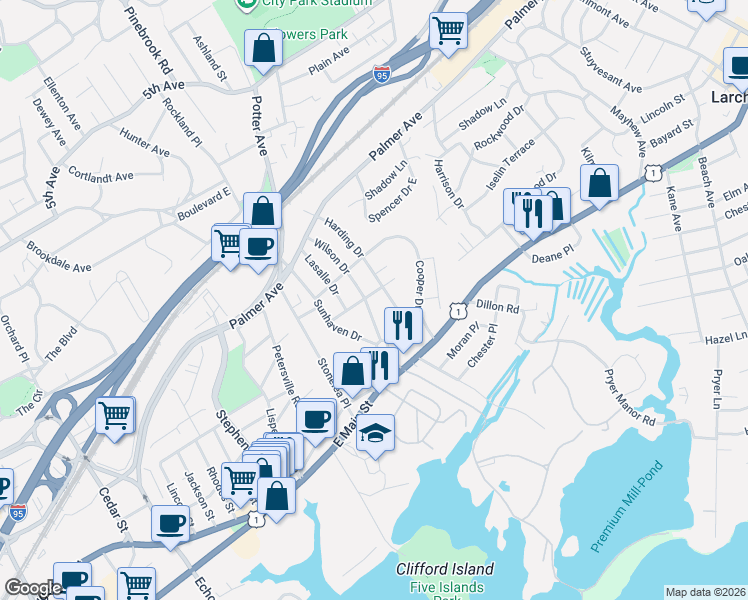 map of restaurants, bars, coffee shops, grocery stores, and more near 43 Belmont Avenue in New Rochelle