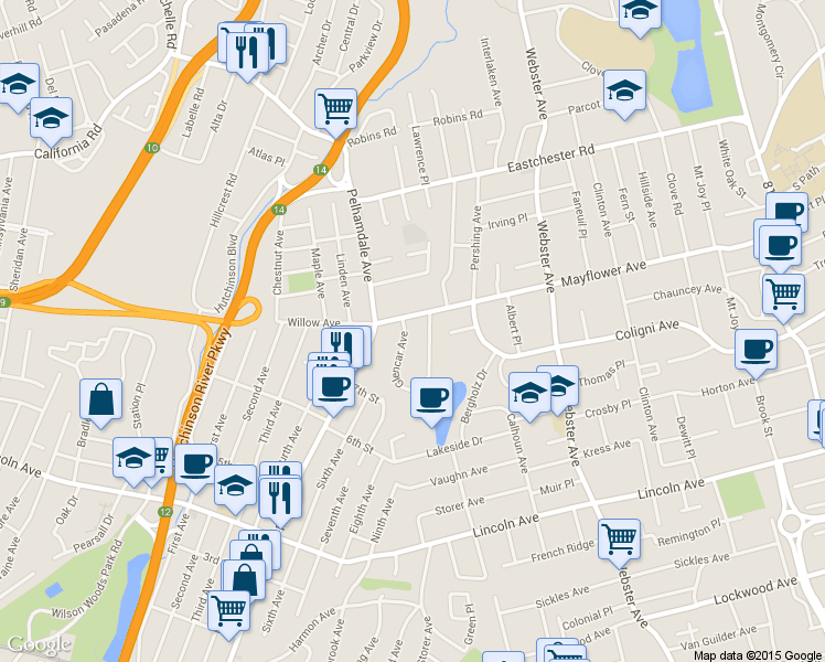 map of restaurants, bars, coffee shops, grocery stores, and more near 1 Glencar Avenue in New Rochelle