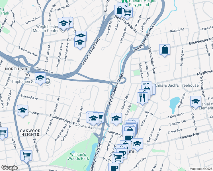 map of restaurants, bars, coffee shops, grocery stores, and more near 144 Hutchinson Boulevard in Mount Vernon