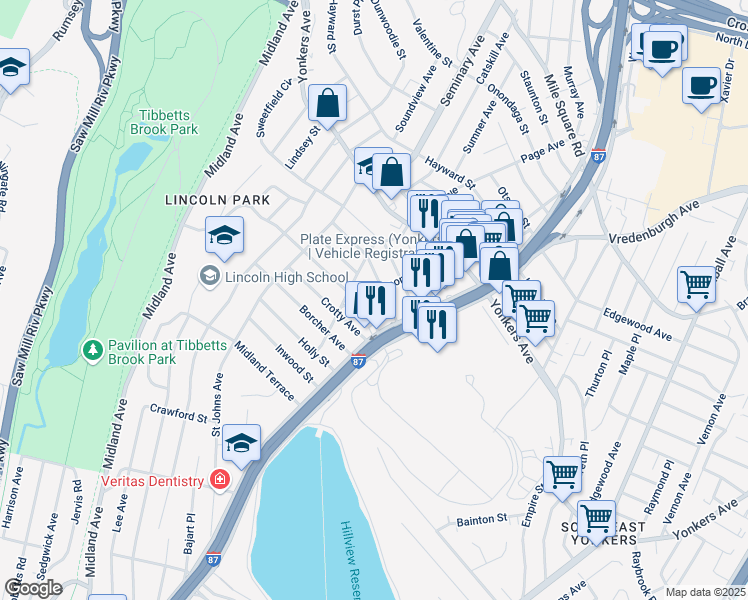 map of restaurants, bars, coffee shops, grocery stores, and more near 78 Belmont Avenue in Yonkers