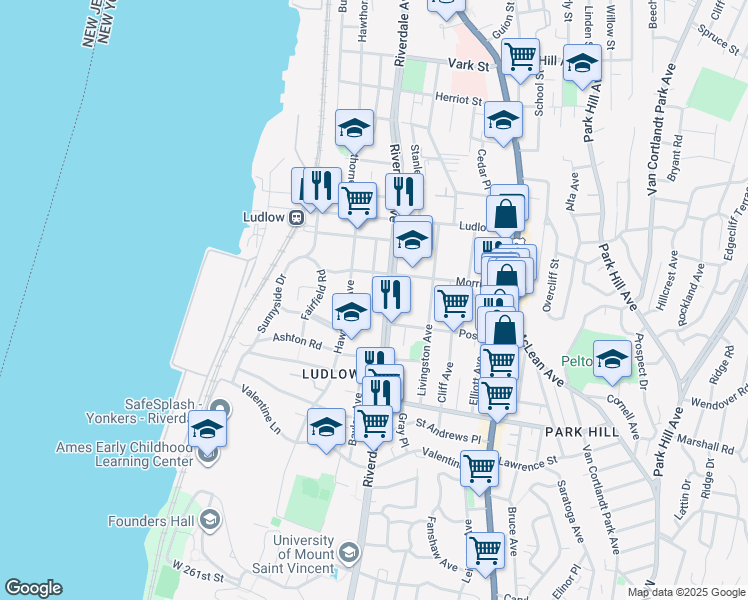 map of restaurants, bars, coffee shops, grocery stores, and more near 37 Purser Place in Yonkers