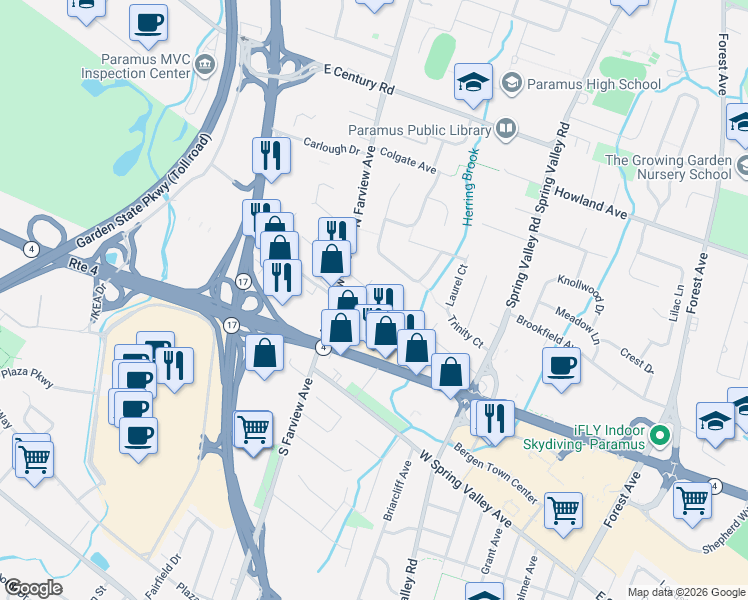 map of restaurants, bars, coffee shops, grocery stores, and more near 68 Prospect Street in Paramus