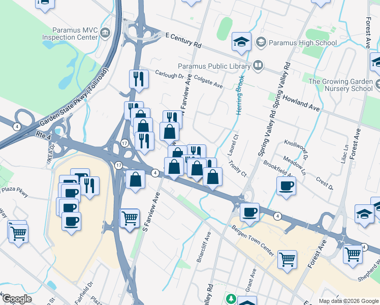 map of restaurants, bars, coffee shops, grocery stores, and more near 68 Prospect Street in Paramus