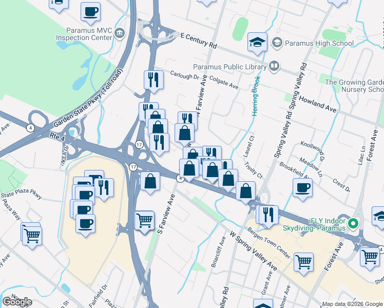 map of restaurants, bars, coffee shops, grocery stores, and more near 68 Prospect Street in Paramus