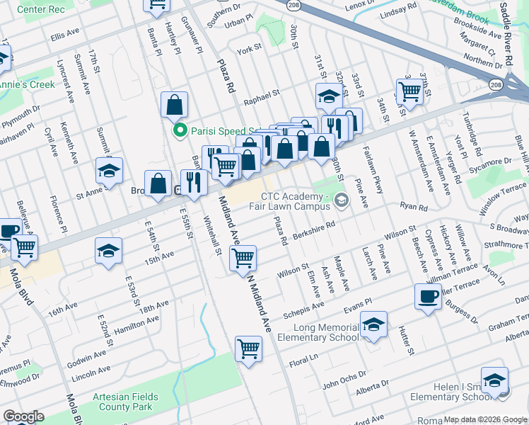 map of restaurants, bars, coffee shops, grocery stores, and more near 24-04 Ellington Road in Fair Lawn