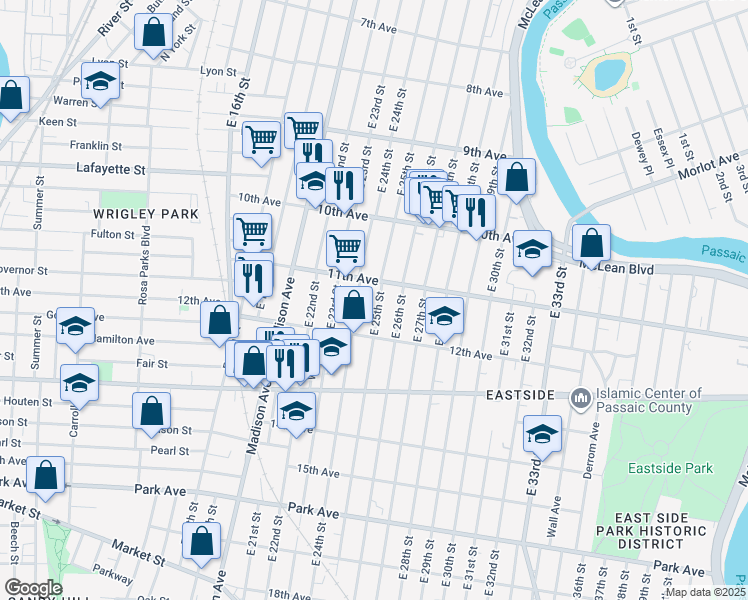 map of restaurants, bars, coffee shops, grocery stores, and more near 545 East 24th Street in Paterson