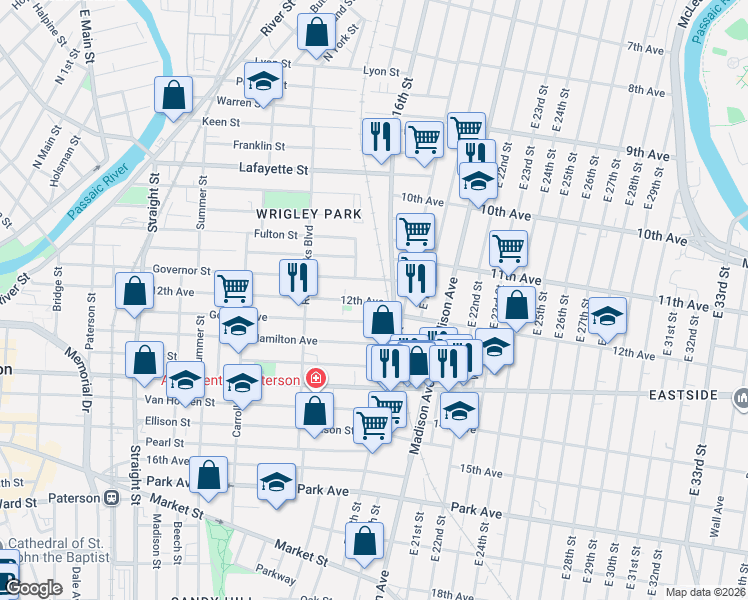 map of restaurants, bars, coffee shops, grocery stores, and more near 460 East 16th Street in Paterson