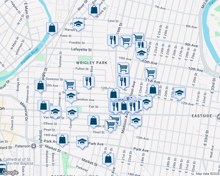 map of restaurants, bars, coffee shops, grocery stores, and more near 460 East 16th Street in Paterson