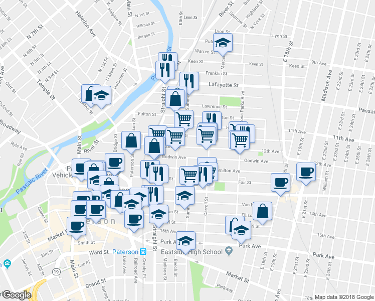 map of restaurants, bars, coffee shops, grocery stores, and more near 56 12th Avenue in Paterson