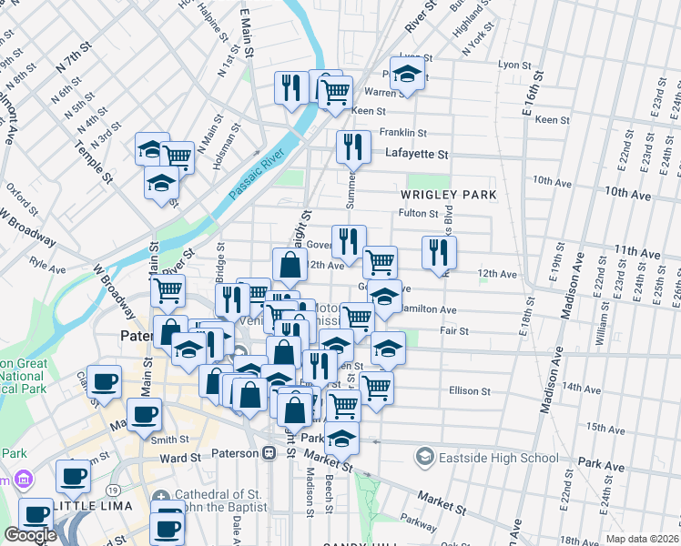 map of restaurants, bars, coffee shops, grocery stores, and more near 24 12th Avenue in Paterson