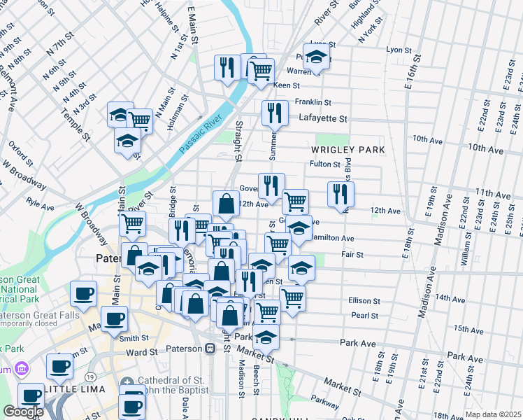 map of restaurants, bars, coffee shops, grocery stores, and more near 24 12th Avenue in Paterson