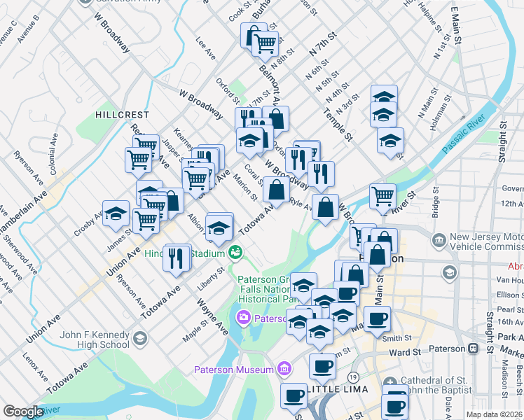 map of restaurants, bars, coffee shops, grocery stores, and more near 100 Kearney Street in Paterson