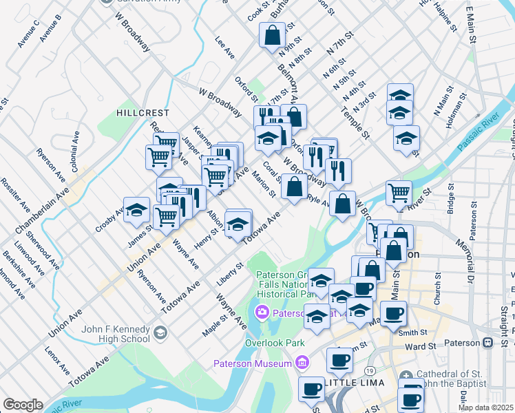 map of restaurants, bars, coffee shops, grocery stores, and more near 100 Kearney Street in Paterson