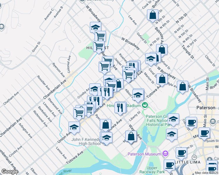 map of restaurants, bars, coffee shops, grocery stores, and more near 104 Sherman Avenue in Paterson