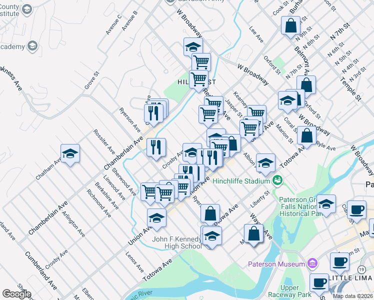map of restaurants, bars, coffee shops, grocery stores, and more near 152 Manchester Avenue in Paterson