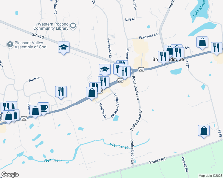 map of restaurants, bars, coffee shops, grocery stores, and more near 2705 Pleasant Valley Lane in Brodheadsville