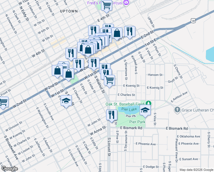 map of restaurants, bars, coffee shops, grocery stores, and more near 300-398 W Koenig St in Grand Island