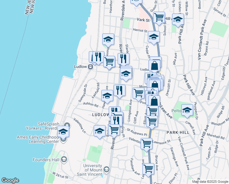 map of restaurants, bars, coffee shops, grocery stores, and more near 37 Purser Place in Yonkers