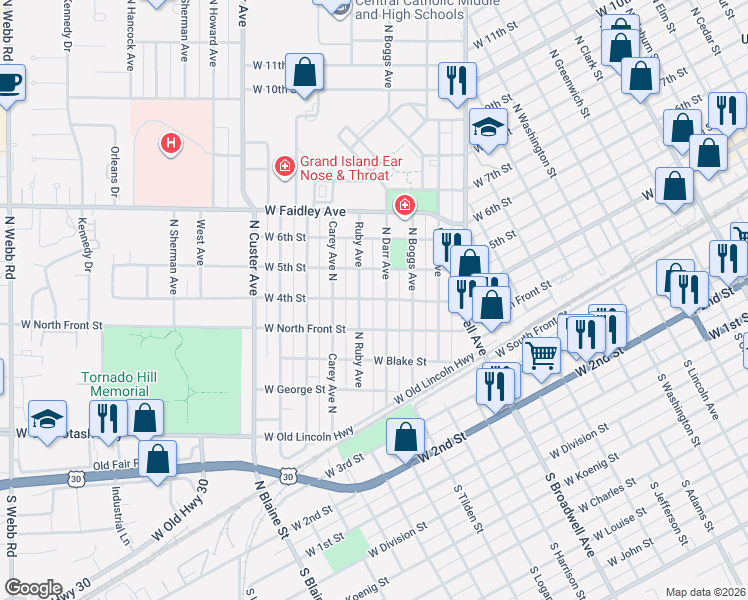 map of restaurants, bars, coffee shops, grocery stores, and more near 2112 West 4th Street in Grand Island