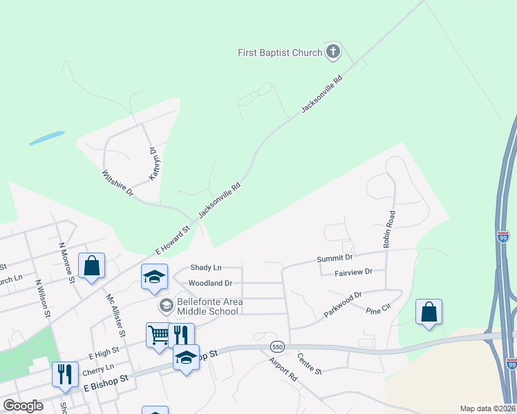 map of restaurants, bars, coffee shops, grocery stores, and more near 294 Jacksonville Road in Bellefonte