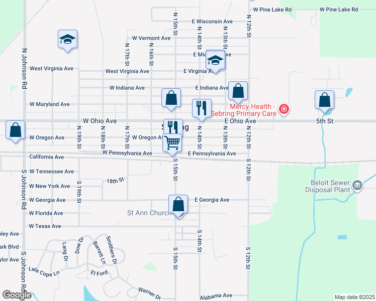 map of restaurants, bars, coffee shops, grocery stores, and more near 155 East Pennsylvania Avenue in Sebring