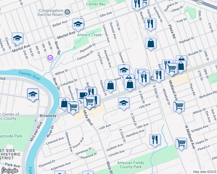 map of restaurants, bars, coffee shops, grocery stores, and more near 81 Florence Place in Elmwood Park