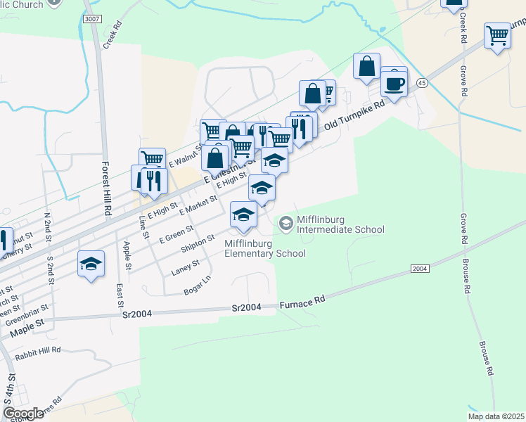 map of restaurants, bars, coffee shops, grocery stores, and more near 250 Mabel Street in Mifflinburg