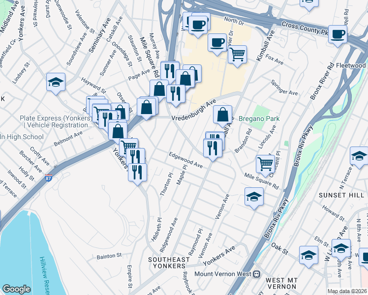 map of restaurants, bars, coffee shops, grocery stores, and more near 87 Thurton Place in Yonkers