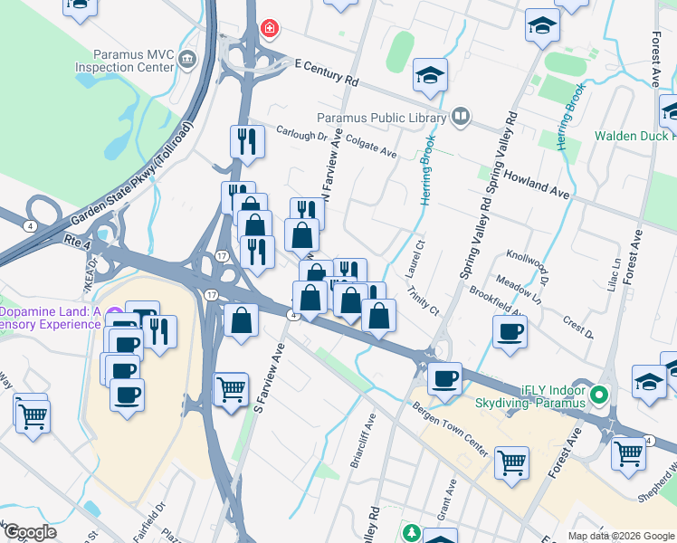 map of restaurants, bars, coffee shops, grocery stores, and more near 68 Prospect Street in Paramus