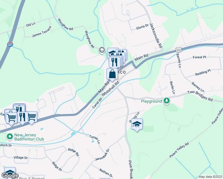 map of restaurants, bars, coffee shops, grocery stores, and more near 5 Whitehall Road in Montville