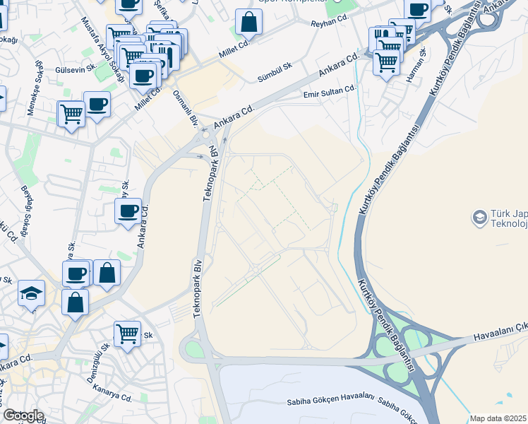 map of restaurants, bars, coffee shops, grocery stores, and more near No:1 Teknopark Bulvarı in Pendik