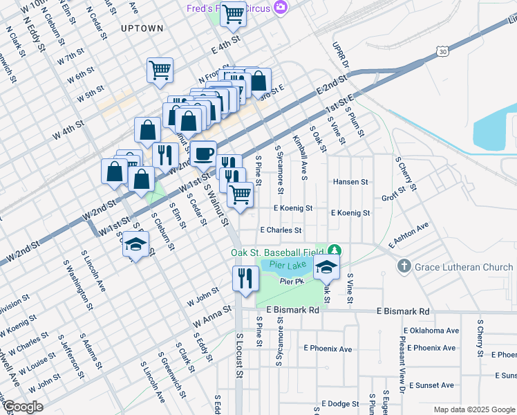 map of restaurants, bars, coffee shops, grocery stores, and more near 2 West Koenig Street in Grand Island