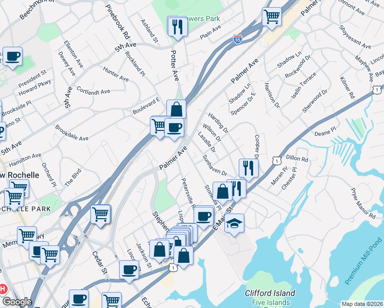 map of restaurants, bars, coffee shops, grocery stores, and more near 115 Stonelea Place in New Rochelle