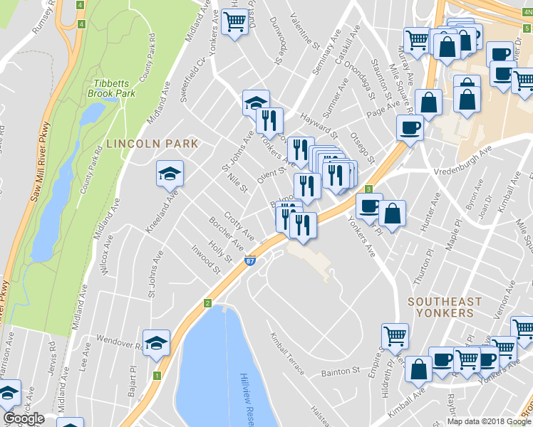 map of restaurants, bars, coffee shops, grocery stores, and more near 78 Belmont Avenue in Yonkers