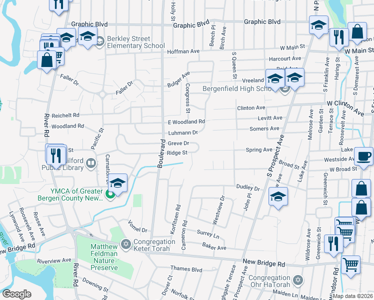 map of restaurants, bars, coffee shops, grocery stores, and more near 293 Ridge Street in New Milford
