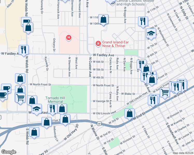 map of restaurants, bars, coffee shops, grocery stores, and more near 400 Waldo Avenue in Grand Island