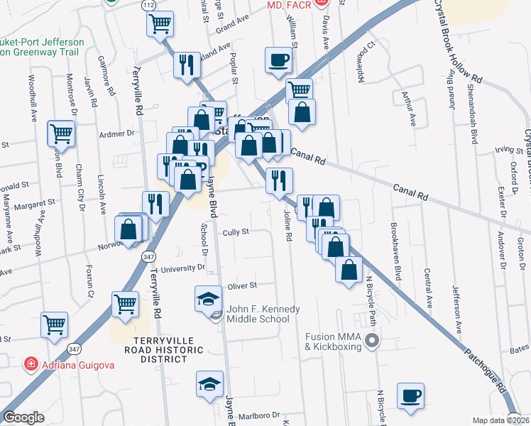 map of restaurants, bars, coffee shops, grocery stores, and more near 18 Scranton Road in Port Jefferson Station