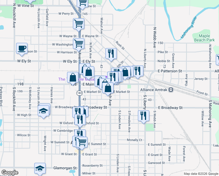 map of restaurants, bars, coffee shops, grocery stores, and more near 221 East Main Street in Alliance