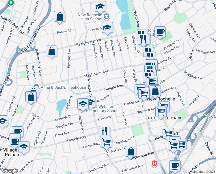 map of restaurants, bars, coffee shops, grocery stores, and more near 153 Coligni Avenue in New Rochelle