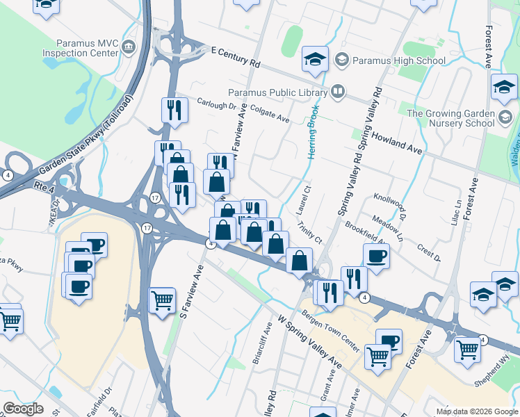 map of restaurants, bars, coffee shops, grocery stores, and more near 77 Prospect Street in Paramus