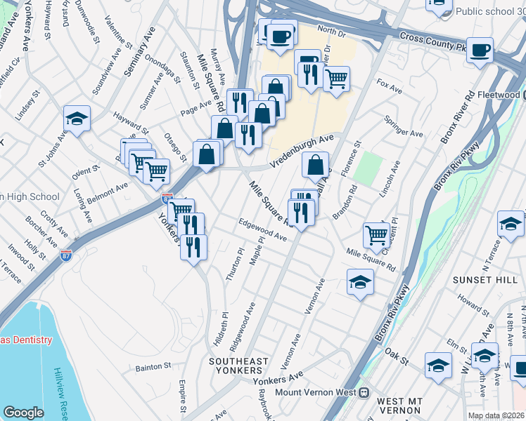 map of restaurants, bars, coffee shops, grocery stores, and more near 3 Byron Avenue in Yonkers
