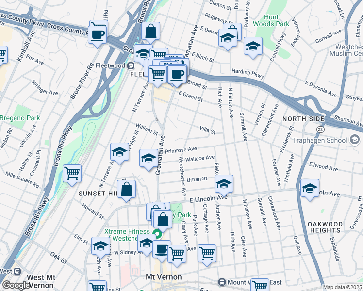 map of restaurants, bars, coffee shops, grocery stores, and more near 26 Kenyon Place in Mount Vernon