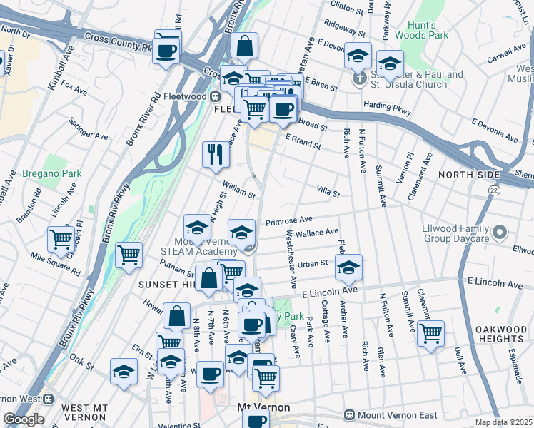 map of restaurants, bars, coffee shops, grocery stores, and more near 412 Gramatan Avenue in Mount Vernon