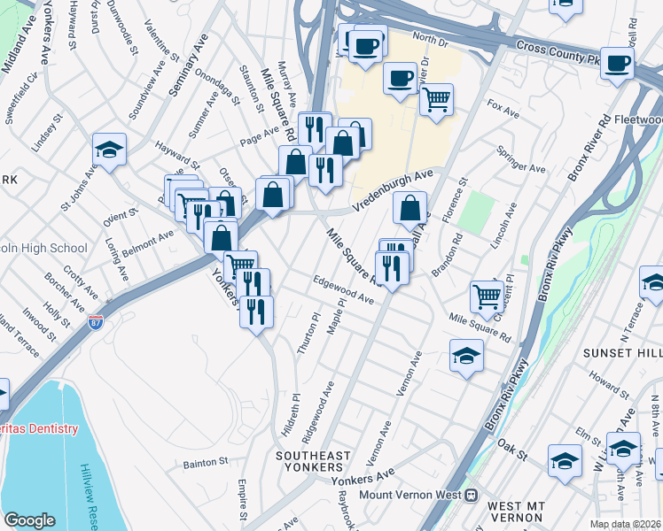 map of restaurants, bars, coffee shops, grocery stores, and more near 87 Thurton Place in Yonkers
