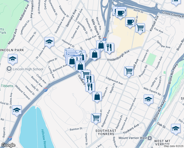 map of restaurants, bars, coffee shops, grocery stores, and more near 35 Kettell Avenue in Yonkers
